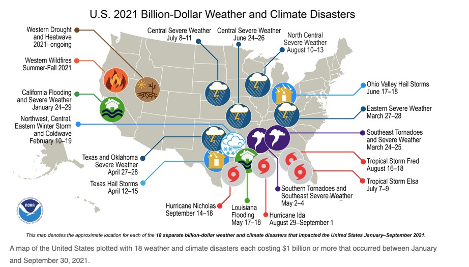 The Map shows the approximate location for each of the 18 separate billion dollar weather and climate disasters that imapcted the United States January - September 2021
